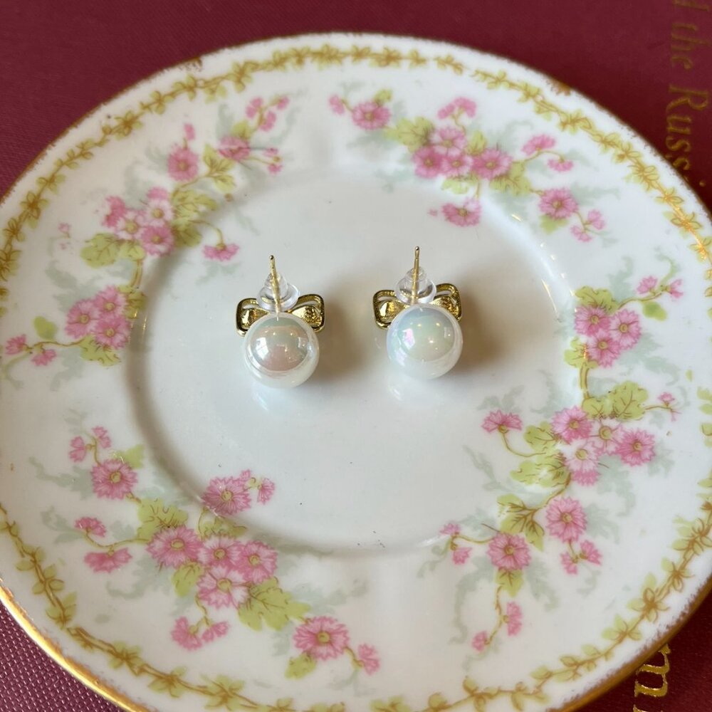 NEW Gold Bow Crystal Iridescent Pearl Rhinestone Knot Drop Women Earrings - Picture 4 of 5